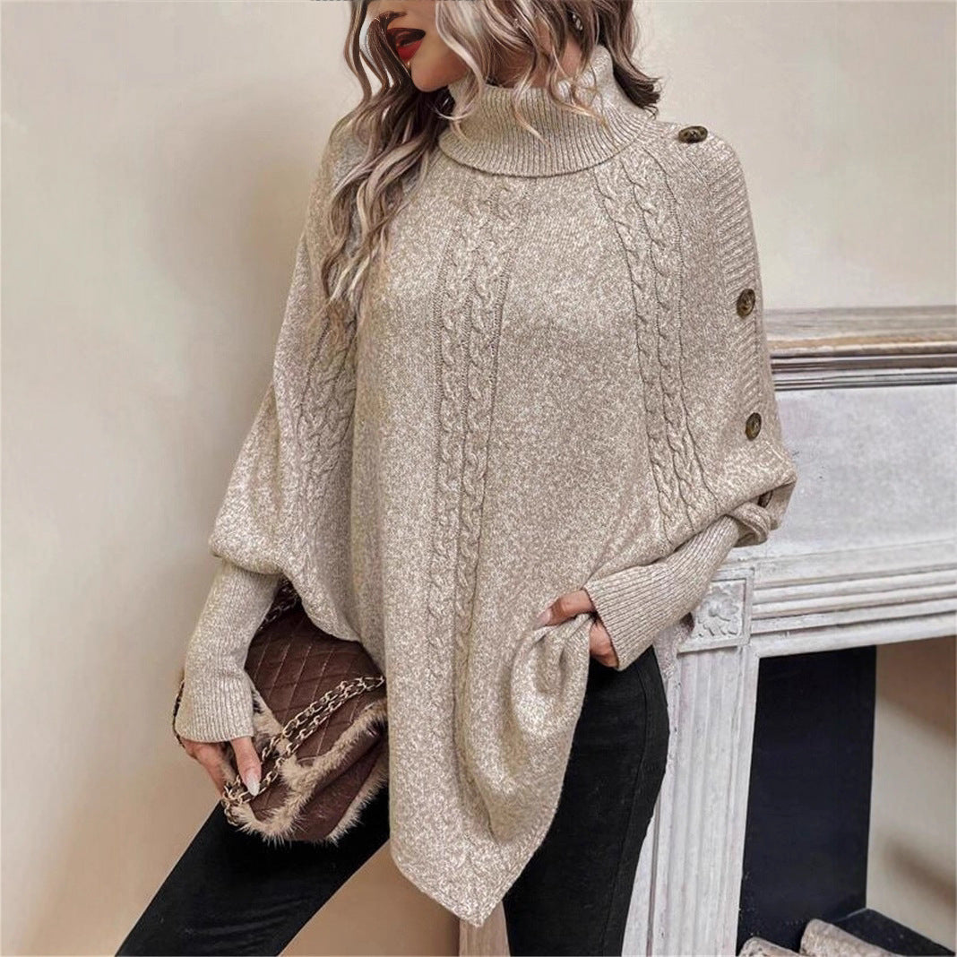 Turtleneck Buttons Decorative Long Sleeve Batwing Shirt Choose Color