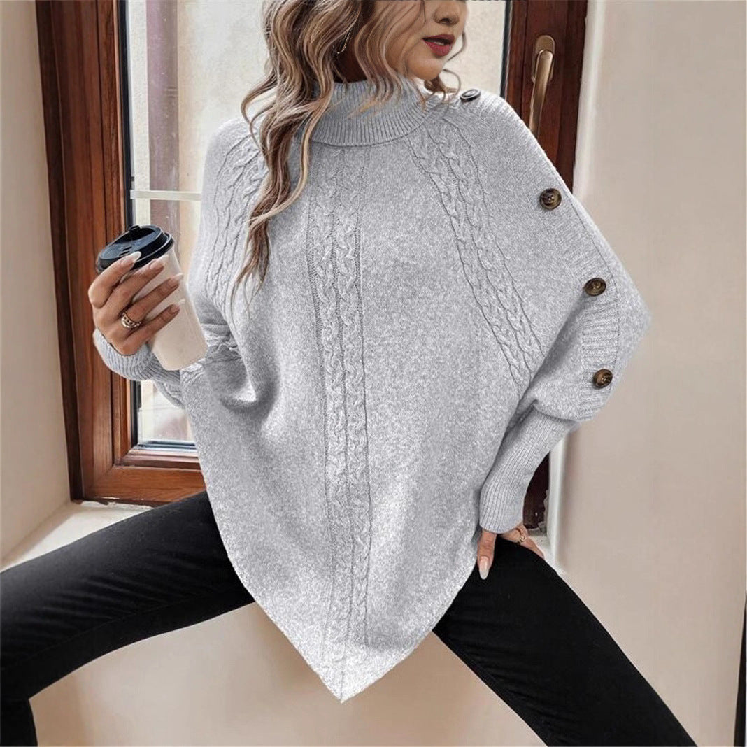 Turtleneck Buttons Decorative Long Sleeve Batwing Shirt  Choose Color
