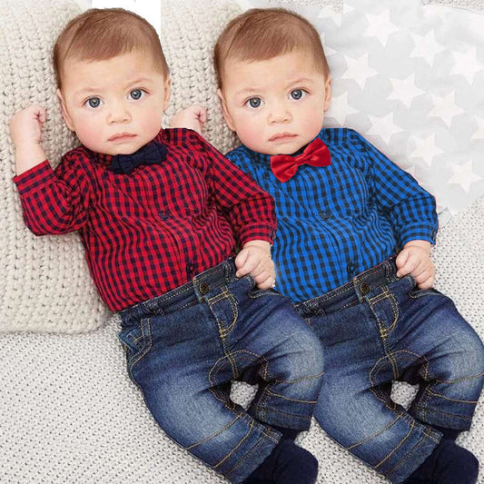 Jeans with Plaid Romper w/Bow Tie for Little Cowboys