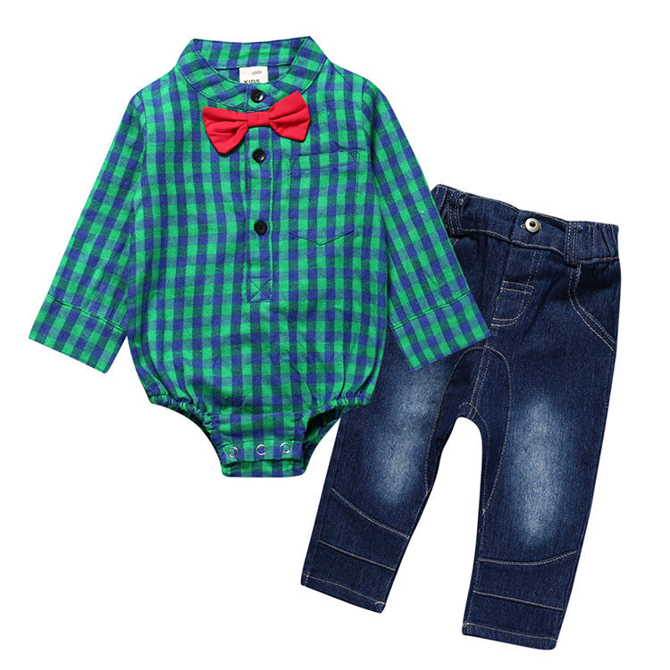 Jeans with Plaid Romper w/Bow Tie for Little Cowboys