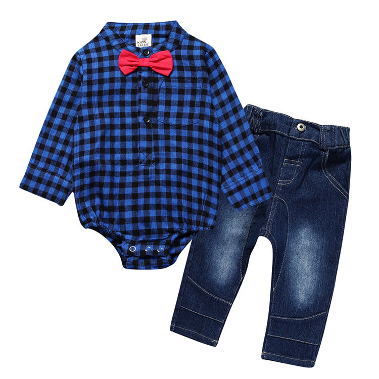 Jeans with Plaid Romper w/Bow Tie for Little Cowboys