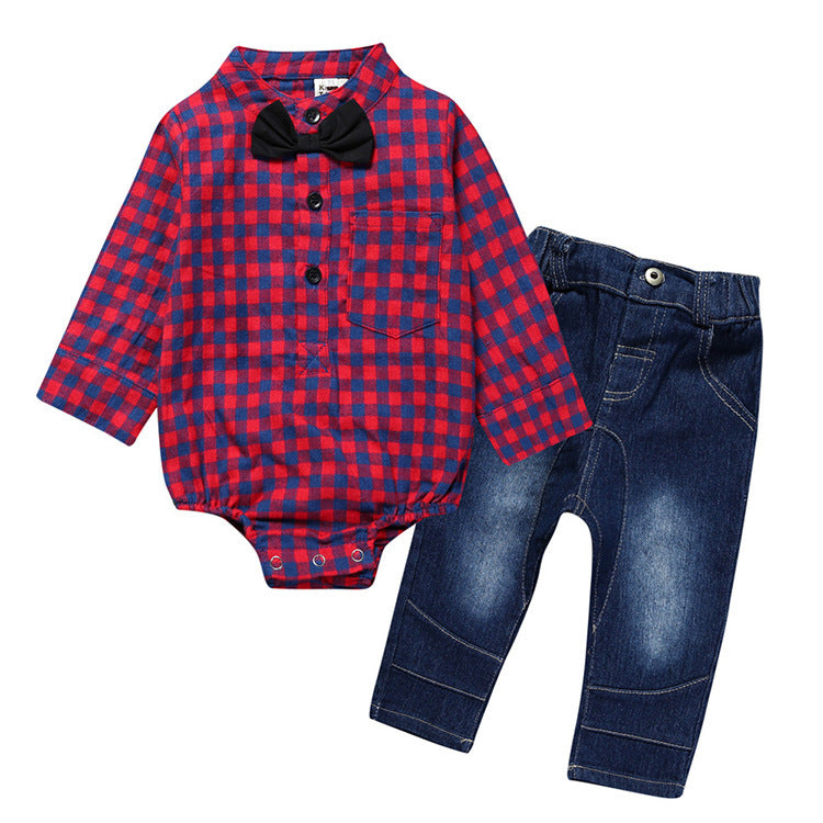 Jeans with Plaid Romper w/Bow Tie for Little Cowboys