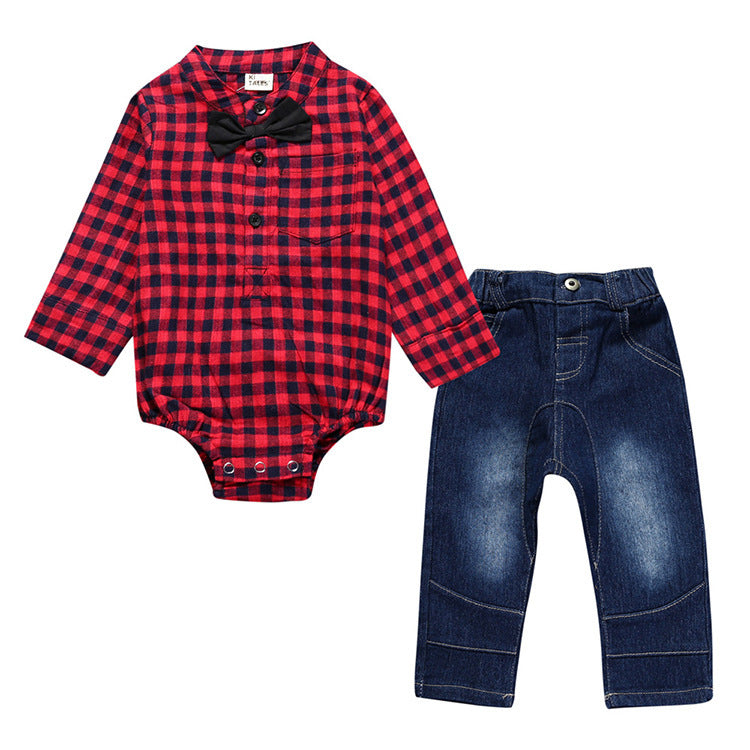 Jeans with Plaid Romper w/Bow Tie for Little Cowboys