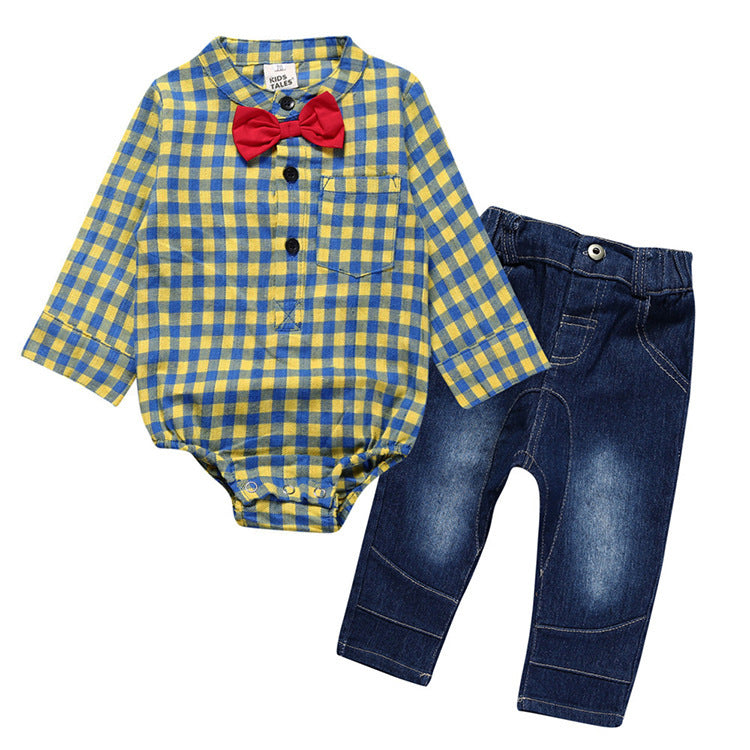 Jeans with Plaid Romper w/Bow Tie for Little Cowboys