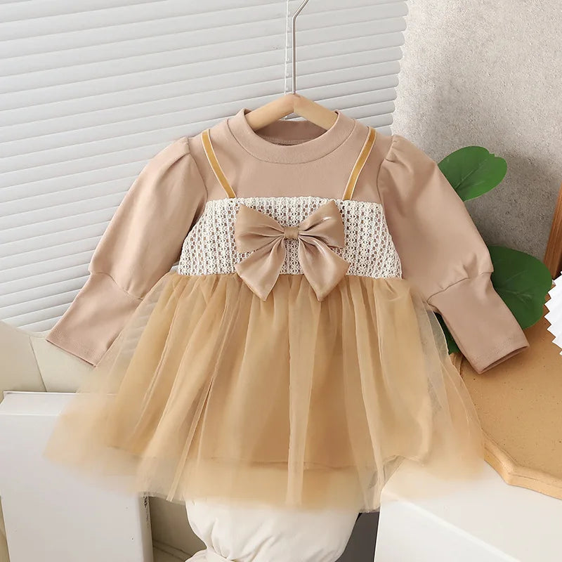 Long Sleeve Mesh Bow Lace  Dress