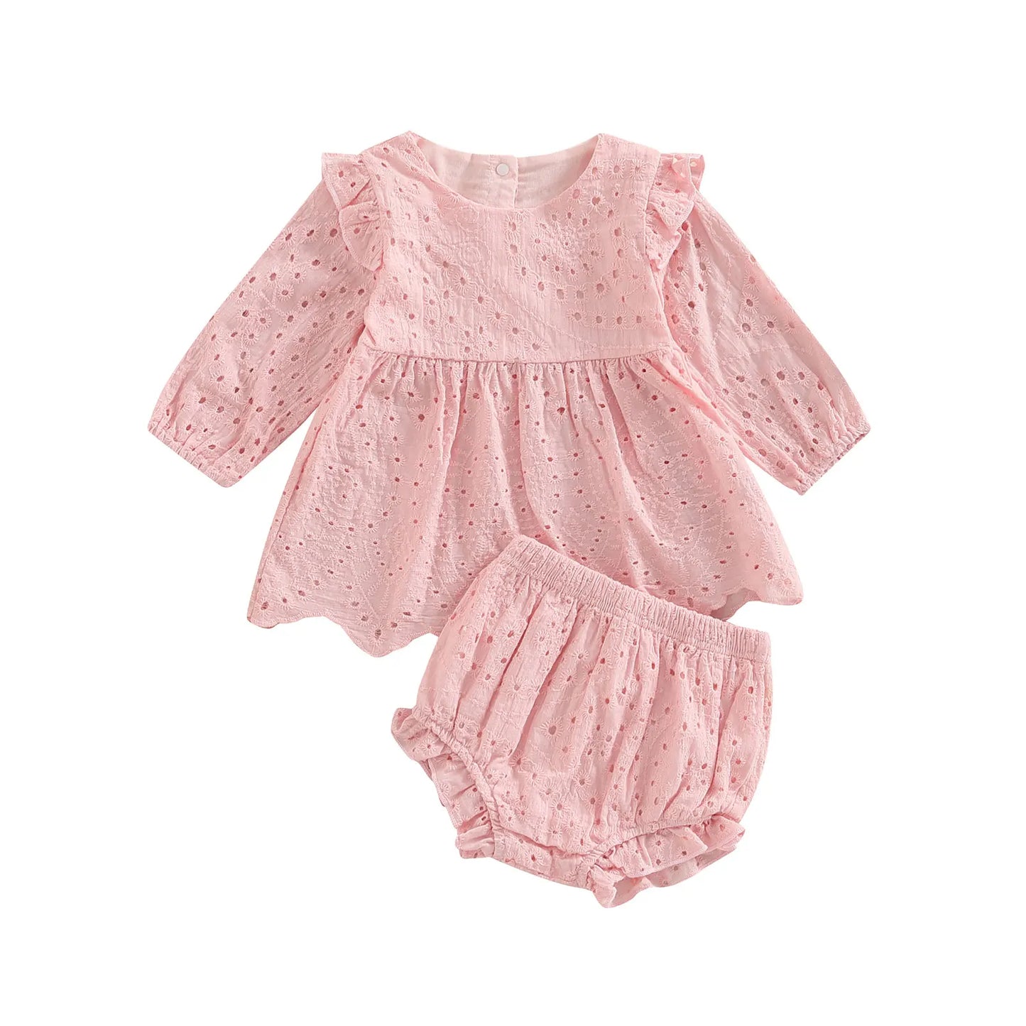 Baby Girl  Set   Choose Color Cutout Round Neck Long Sleeve Top and Elastic Casual Ruffle Shorts