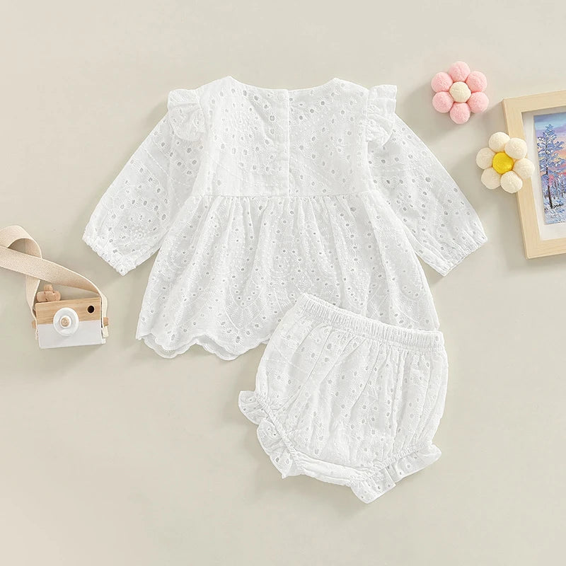 Baby Girl  Set   Choose Color Cutout Round Neck Long Sleeve Top and Elastic Casual Ruffle Shorts