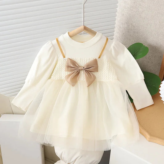 Long Sleeve Mesh Bow Lace  Dress