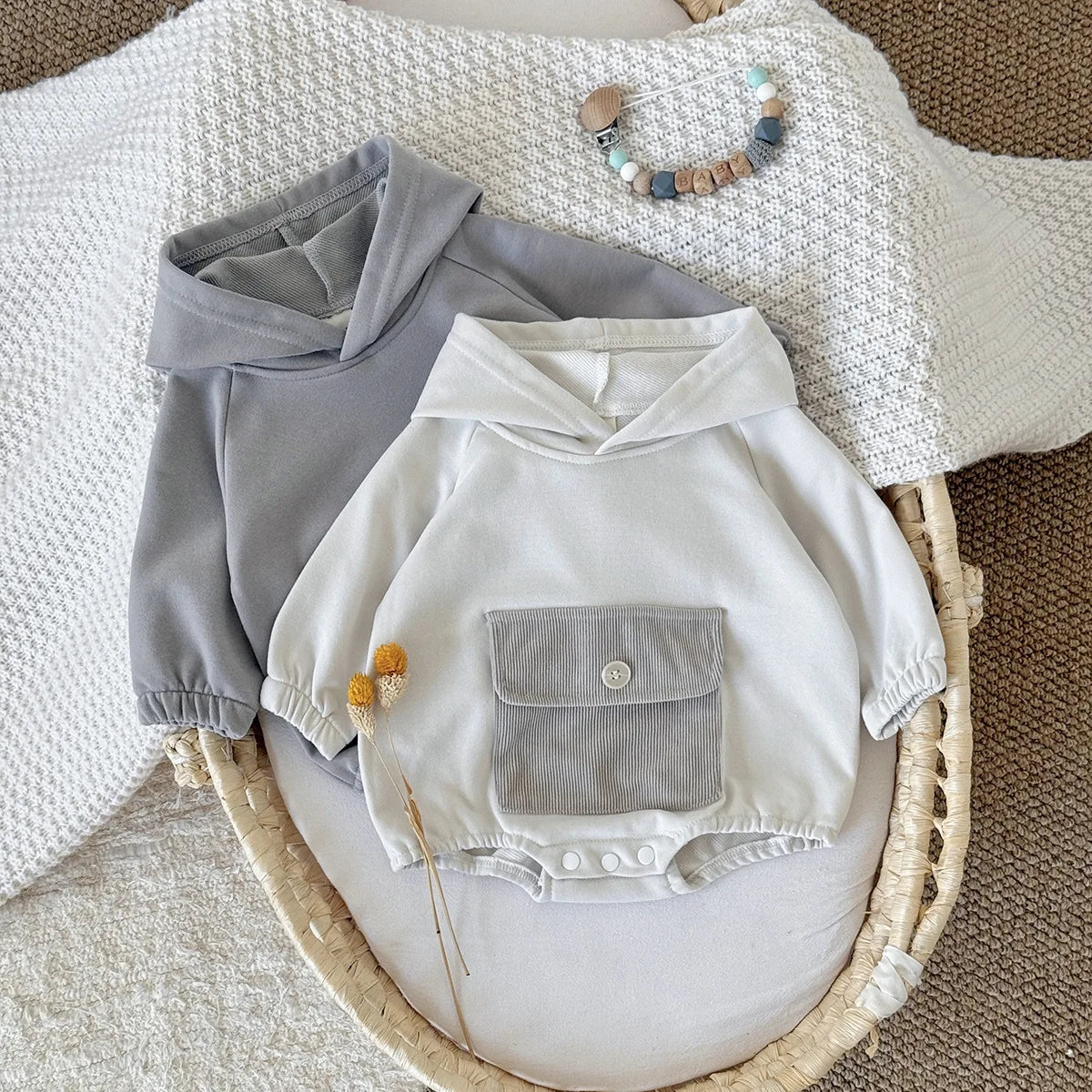 Toddler Baby Clothes Cotton Hooded Onesie with Chest Pocket Bodysuit 0-2Y Baby Girl Clothing Casual Newborn Baby Boys Romper