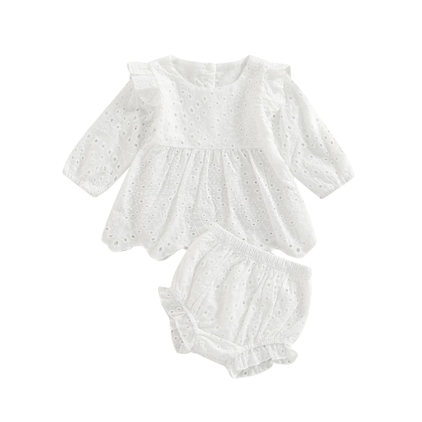 Baby Girl  Set   Choose Color Cutout Round Neck Long Sleeve Top and Elastic Casual Ruffle Shorts