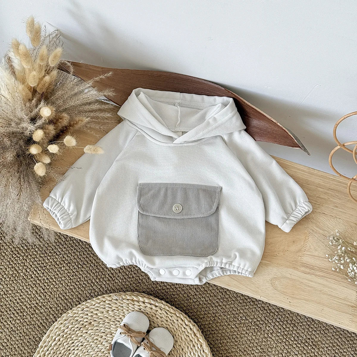 Toddler Baby Clothes Cotton Hooded Onesie with Chest Pocket Bodysuit 0-2Y Baby Girl Clothing Casual Newborn Baby Boys Romper