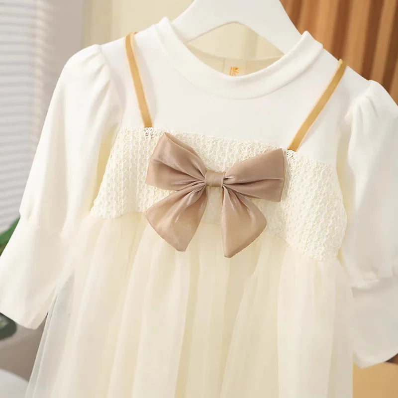Long Sleeve Mesh Bow Lace  Dress