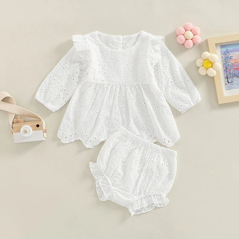 Baby Girl  Set   Choose Color Cutout Round Neck Long Sleeve Top and Elastic Casual Ruffle Shorts