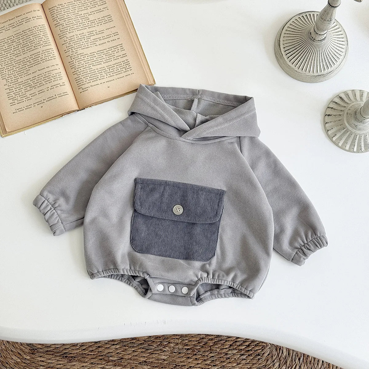 Toddler Baby Clothes Cotton Hooded Onesie with Chest Pocket Bodysuit 0-2Y Baby Girl Clothing Casual Newborn Baby Boys Romper