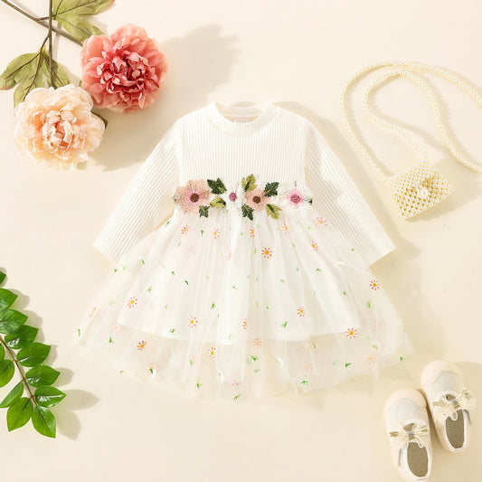 Infant Baby Girls Long Sleeves Round Neck Flower Embroidery Tulle Splicing Dress Toddler Clothes