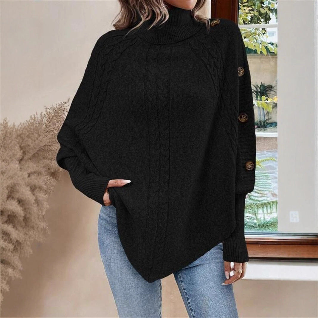 Turtleneck Buttons Decorative Long Sleeve Batwing Shirt  Choose Color