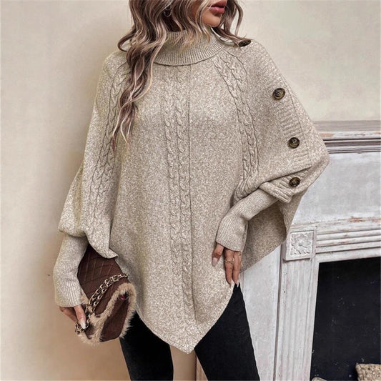 Turtleneck Buttons Decorative Long Sleeve Batwing Shirt  Choose Color