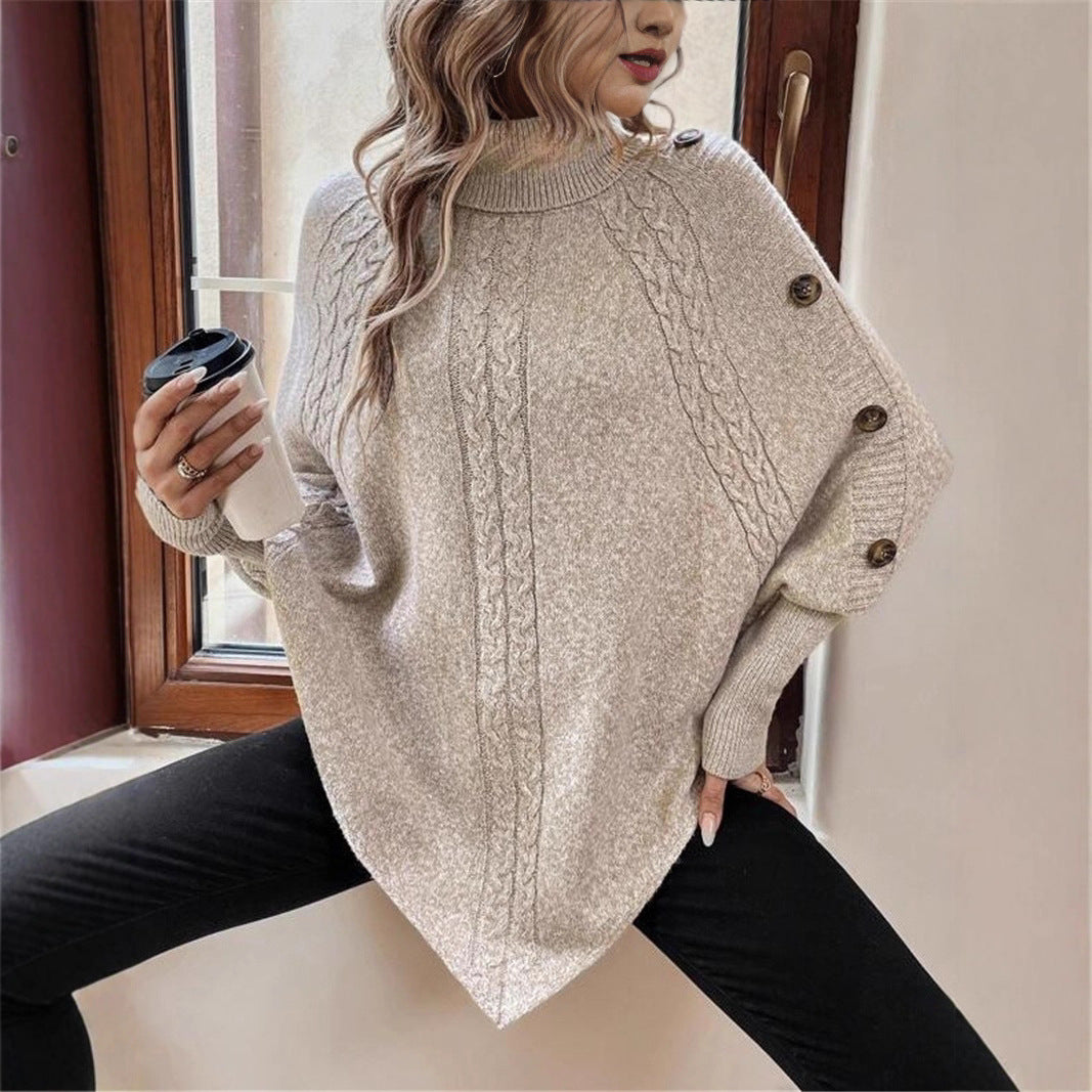 Turtleneck Buttons Decorative Long Sleeve Batwing Shirt  Choose Color