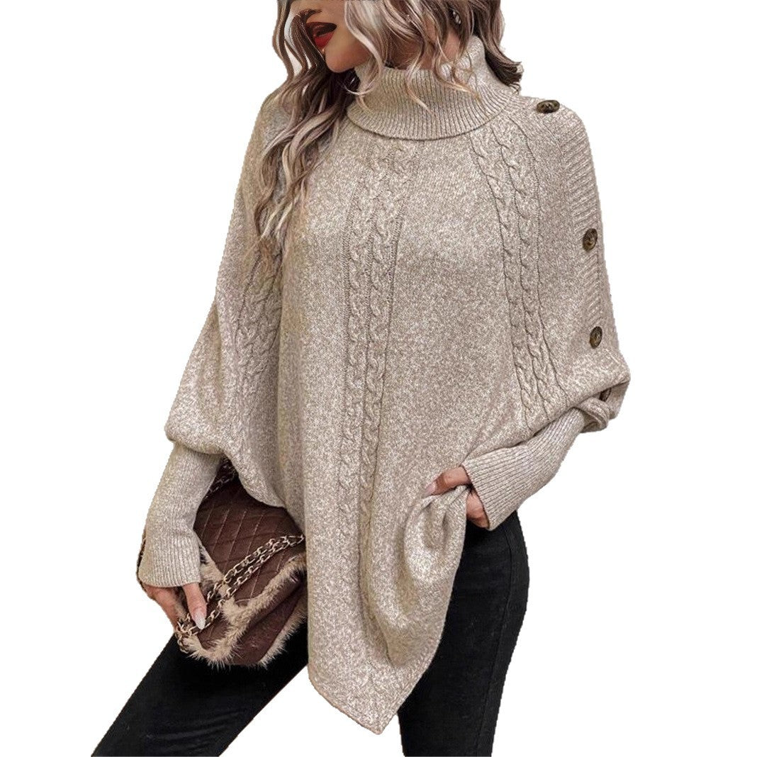 Turtleneck Buttons Decorative Long Sleeve Batwing Shirt  Choose Color