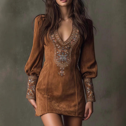 European And American Women's Clothing Long Sleeve V-neck Sexy Dress Embroidery